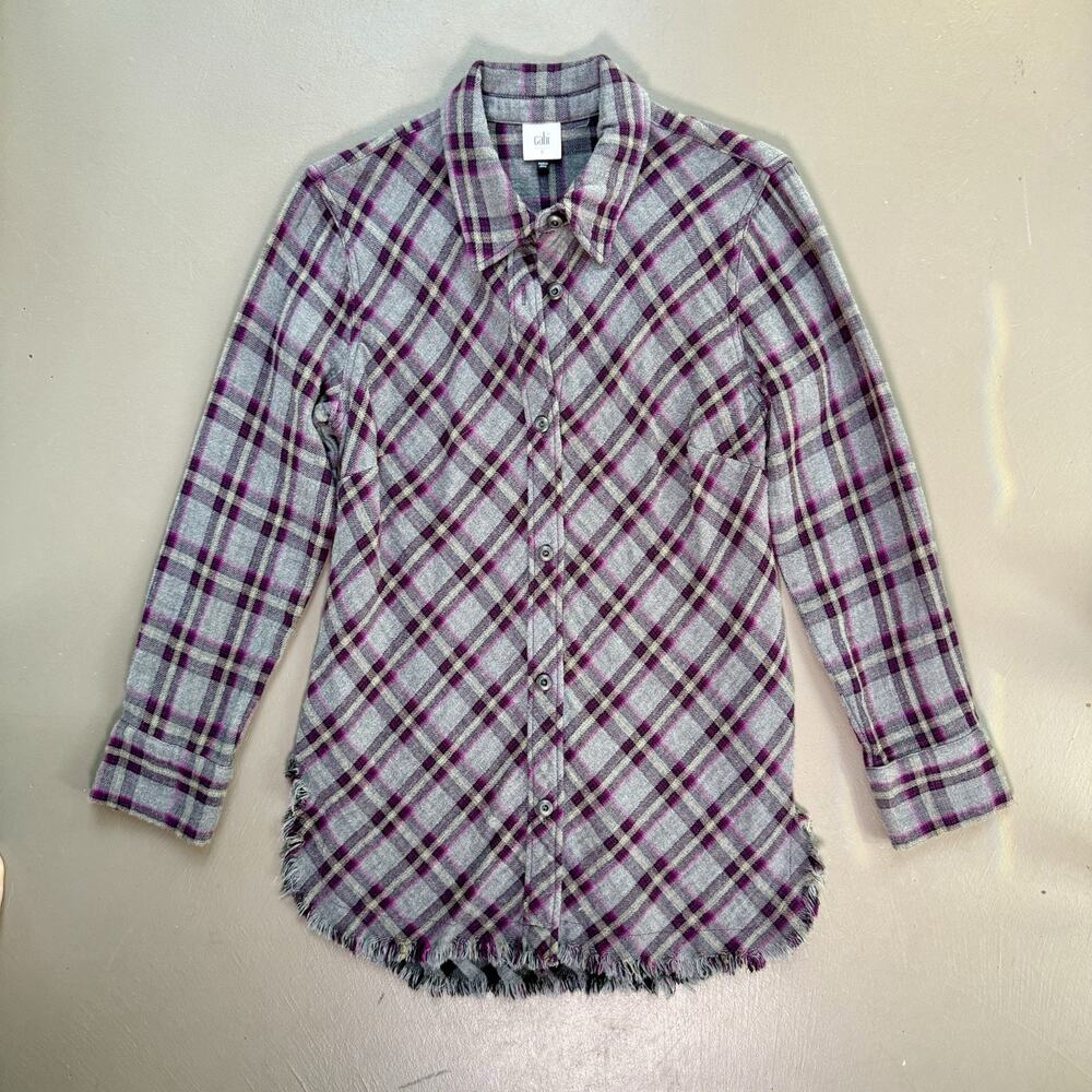 CAbi Highland Plaid Frayed Hem Flannel Shirt SMALL Fall Casual Button Up